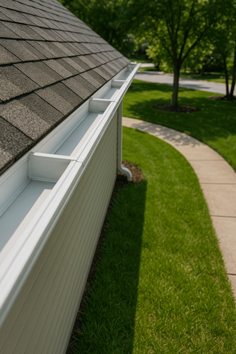 Close up of house gutter with clear water flow after cleaning