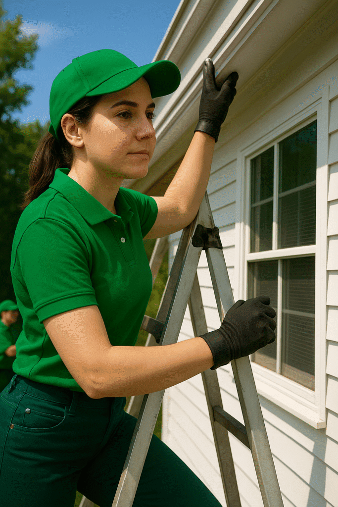 Technician performing gutter inspection on residential home in Rochester NY