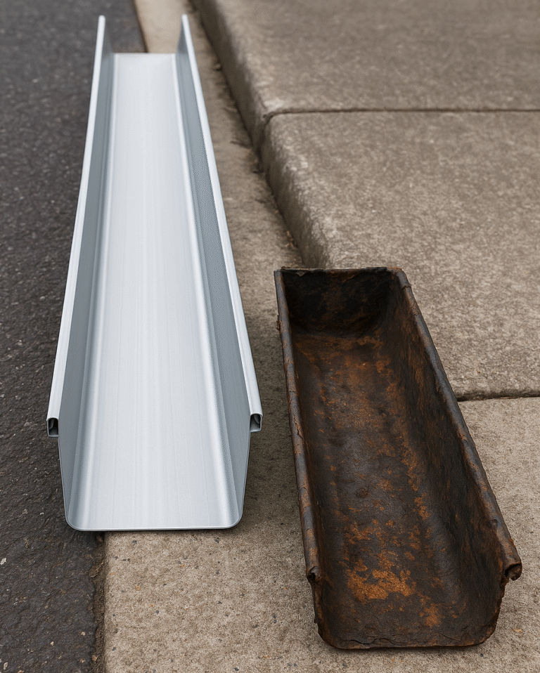 Comparison of old damaged gutter and newly installed gutter on residential roof in Rochester NY