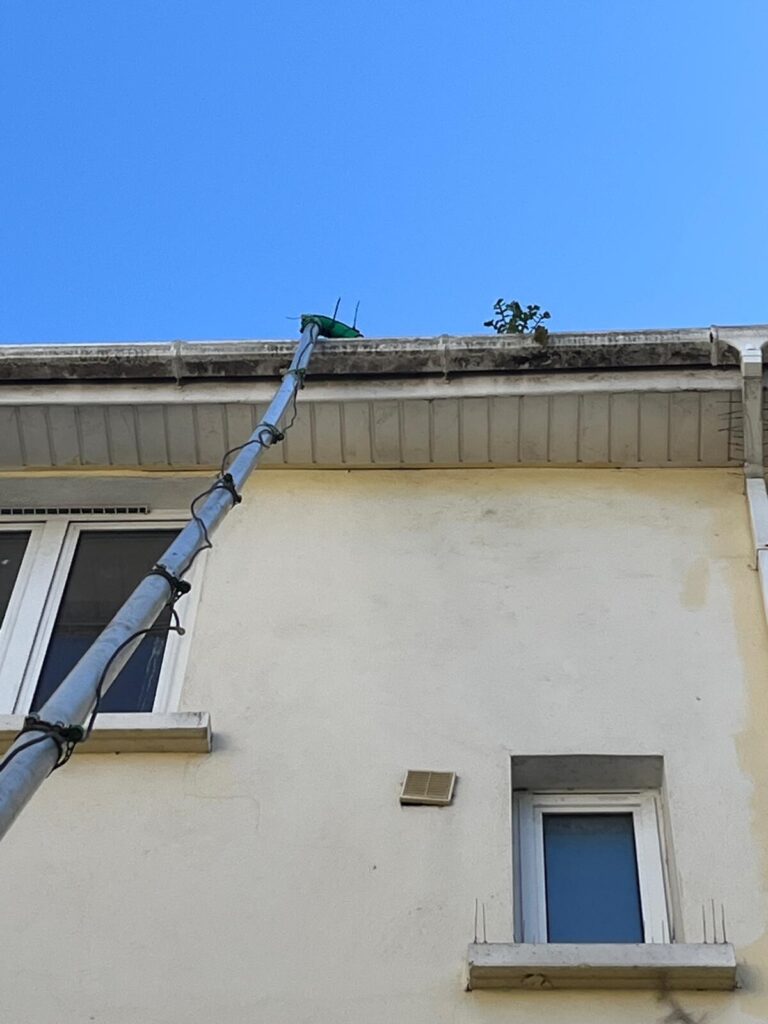 A close-up view of a specialized telescopic vacuum pole efficiently clearing debris and plant growth from a high commercial building gutter, showcasing professional gutter cleaning in Rochester, NY.